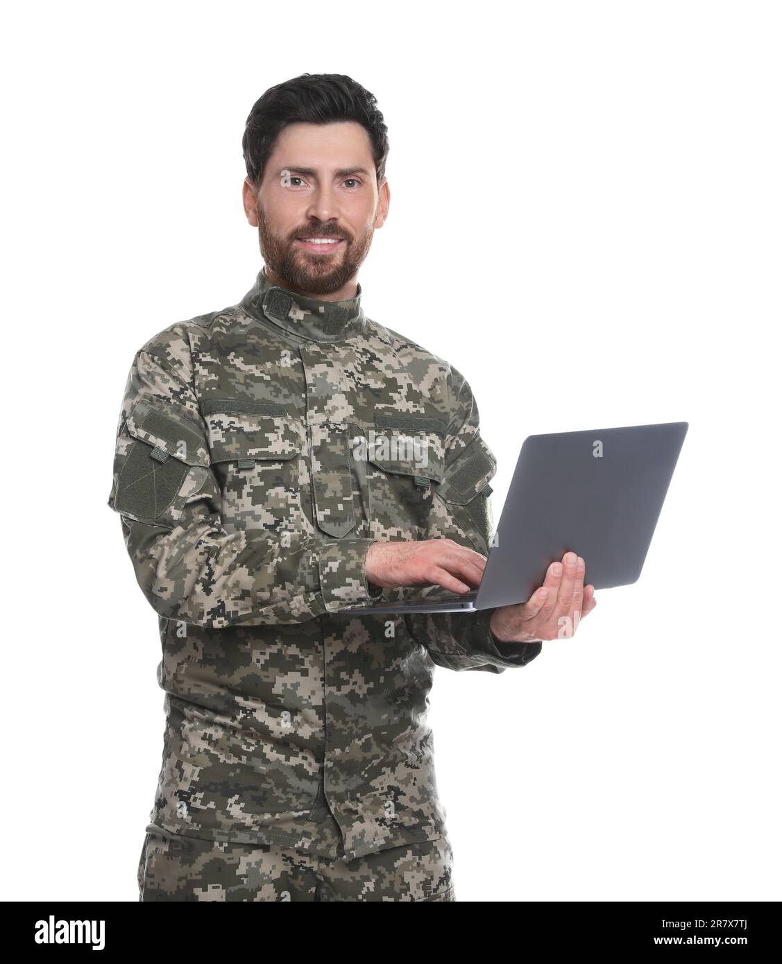 Happy soldier using laptop on white background. Military service Stock ...