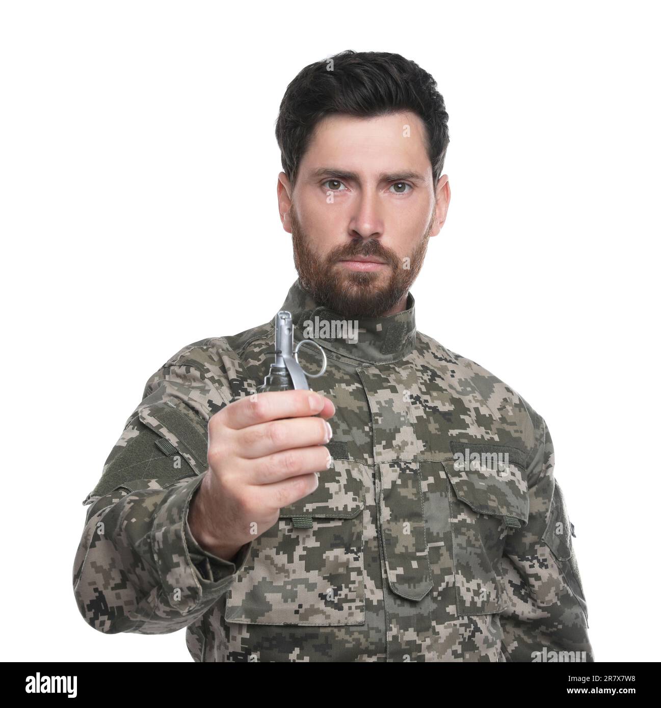 Soldier holding hand grenade on white background. Military service