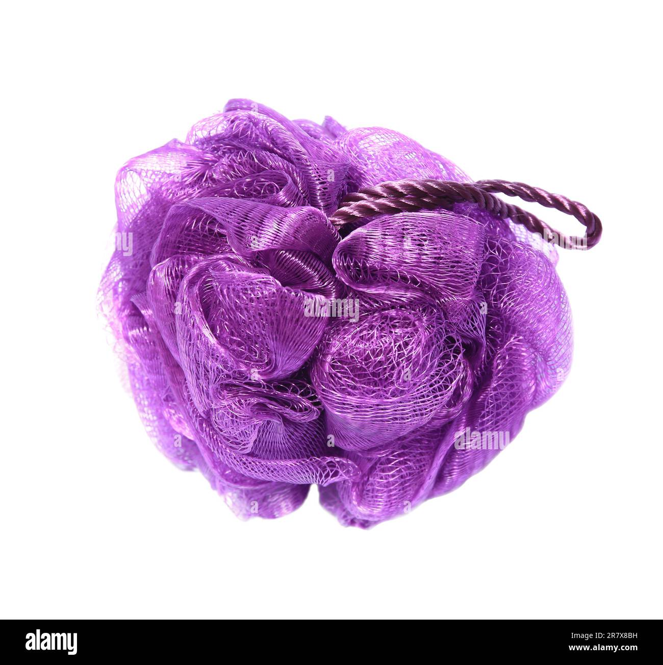 New purple shower puff isolated on white. Personal hygiene Stock Photo