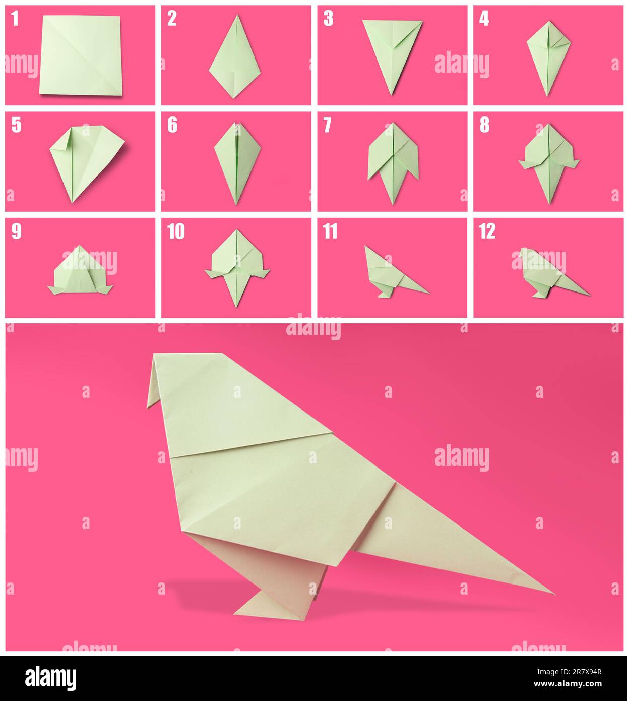 Origami art. Making paper bird step by step, photo collage on pink  background Stock Photo - Alamy