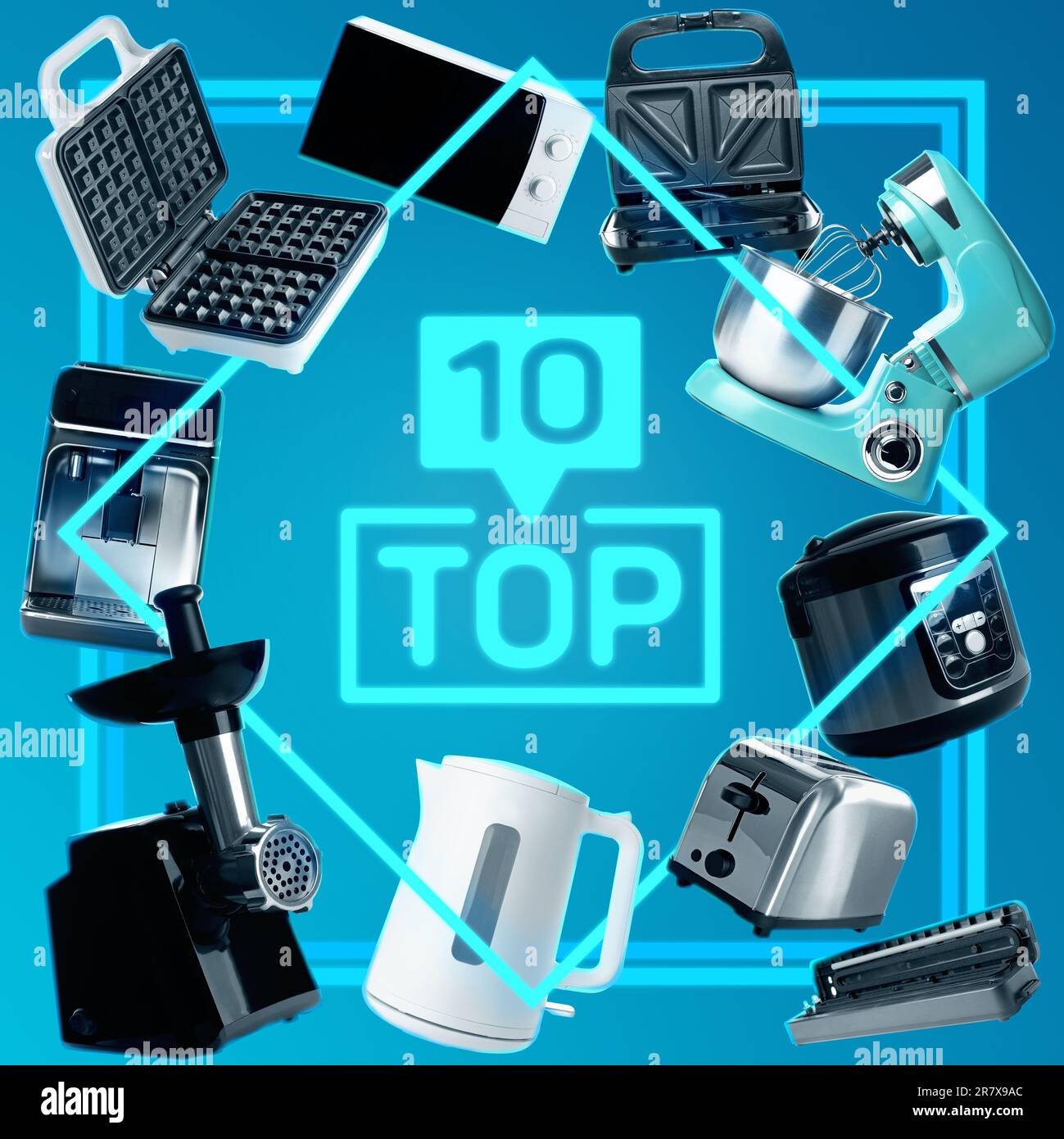 Top ten list of kitchen appliances on light blue gradient background