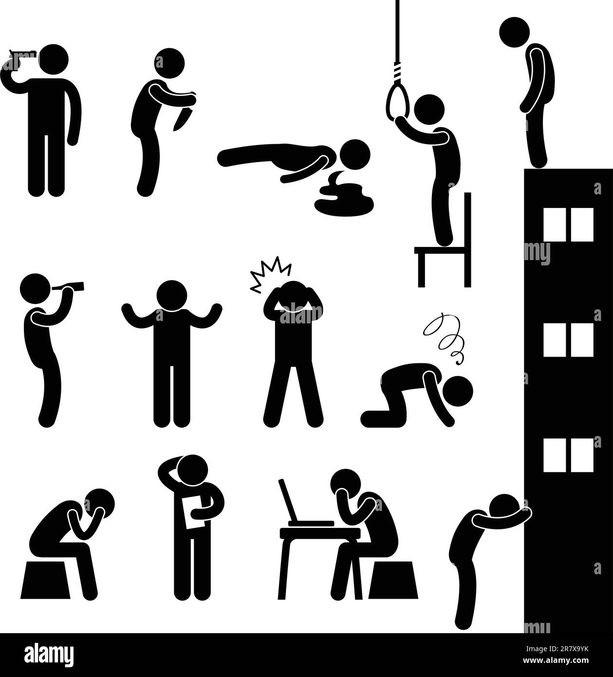 A set of human figure showing desperation and suicidal attempt. Stock Vector