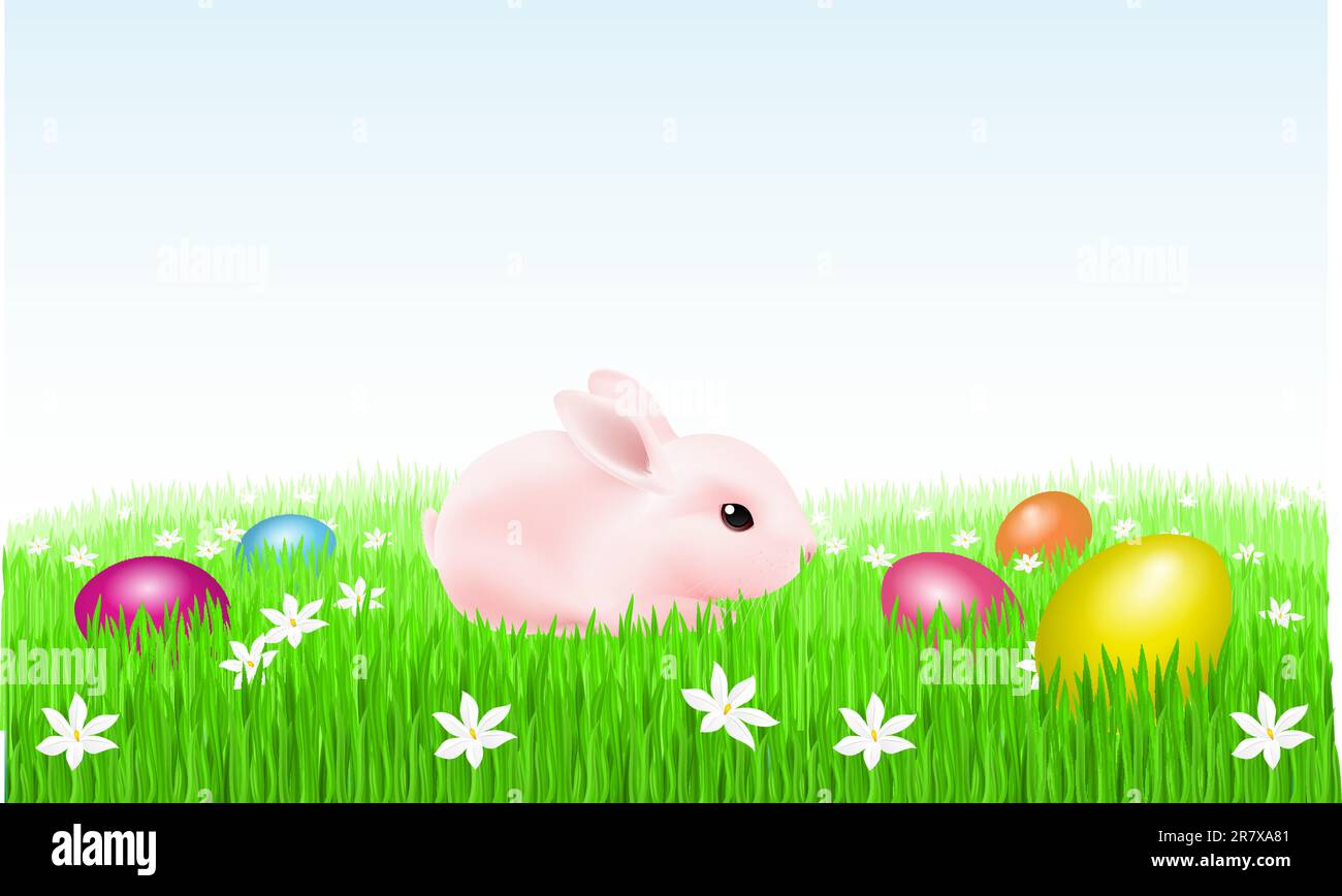 Bunny on the grass with Easter Eggs. Illustration on white background ...