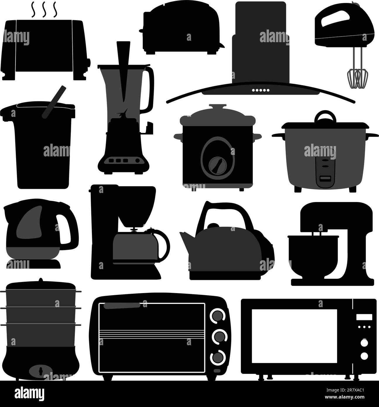 A set of electronic kitchen appliances in detail silhouette. Stock Vector