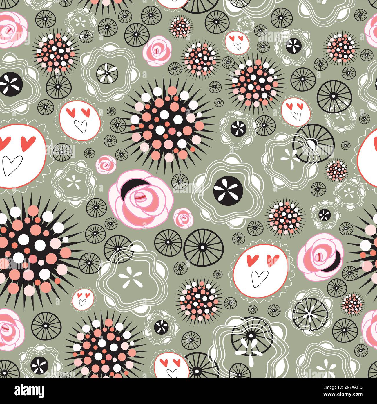 abstract seamless pattern with hearts and circles on a green background Stock Vector
