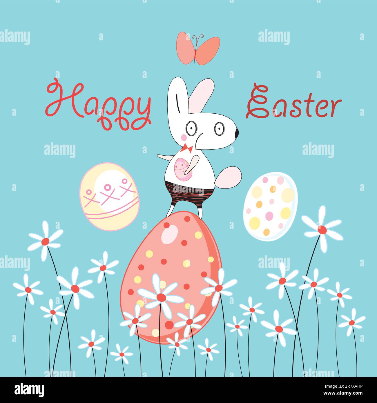 Funny Easter Bunny on a blue background with flowers and eggs Stock Vector