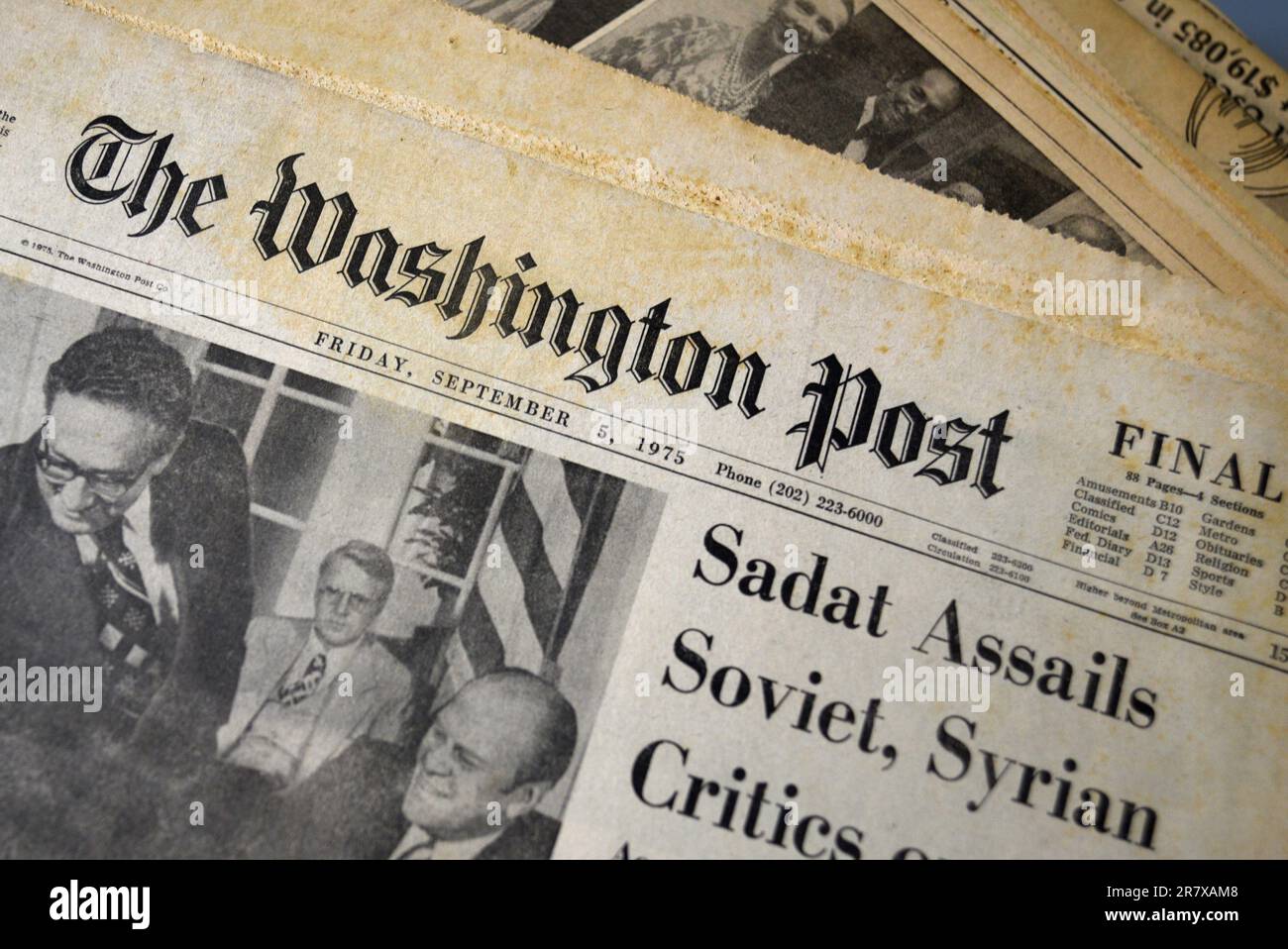 A copy of the September 5, 1975 edition of The Washington Post for sale in an American antique shop. Stock Photo