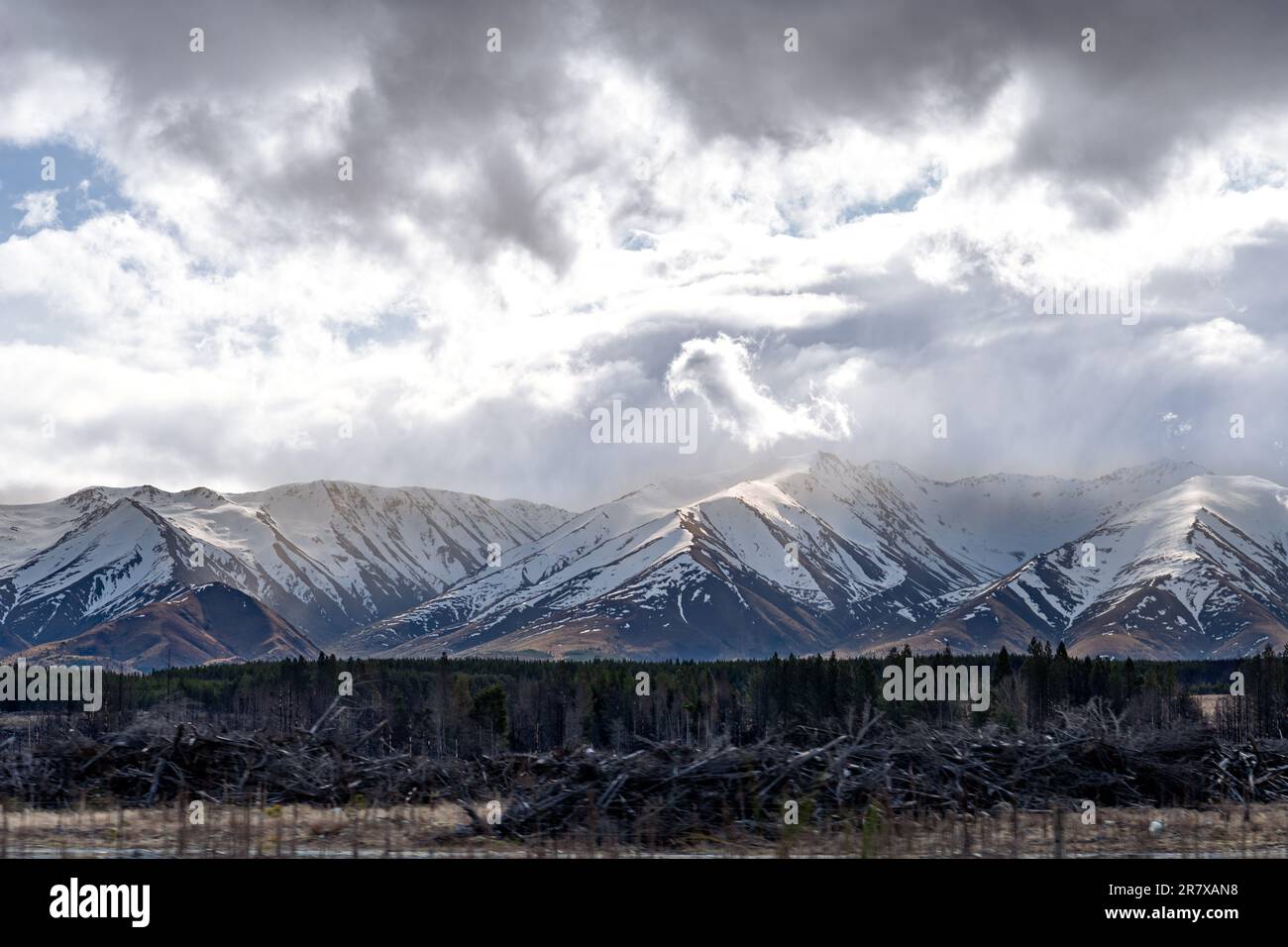 A scenic landscape of road to Aoraki Mount Cook Lake Pukaki with blue