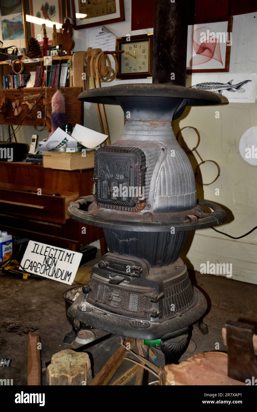 A Station Master potbelly stove used for heating a shop in the small Southwest Virginia town of Damascus. Stock Photo