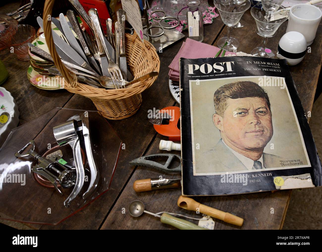 A copy of the Dec. 14, 1963 edition of The Saturday Evening Post with President John F. Kennedy on the cover for sale in an American antique shop. Stock Photo