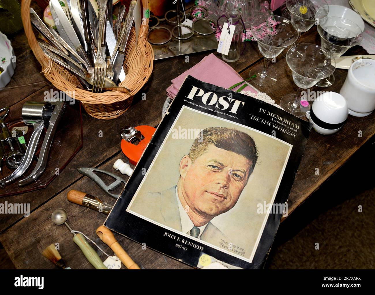 A copy of the Dec. 14, 1963 edition of The Saturday Evening Post with President John F. Kennedy on the cover for sale in an American antique shop. Stock Photo
