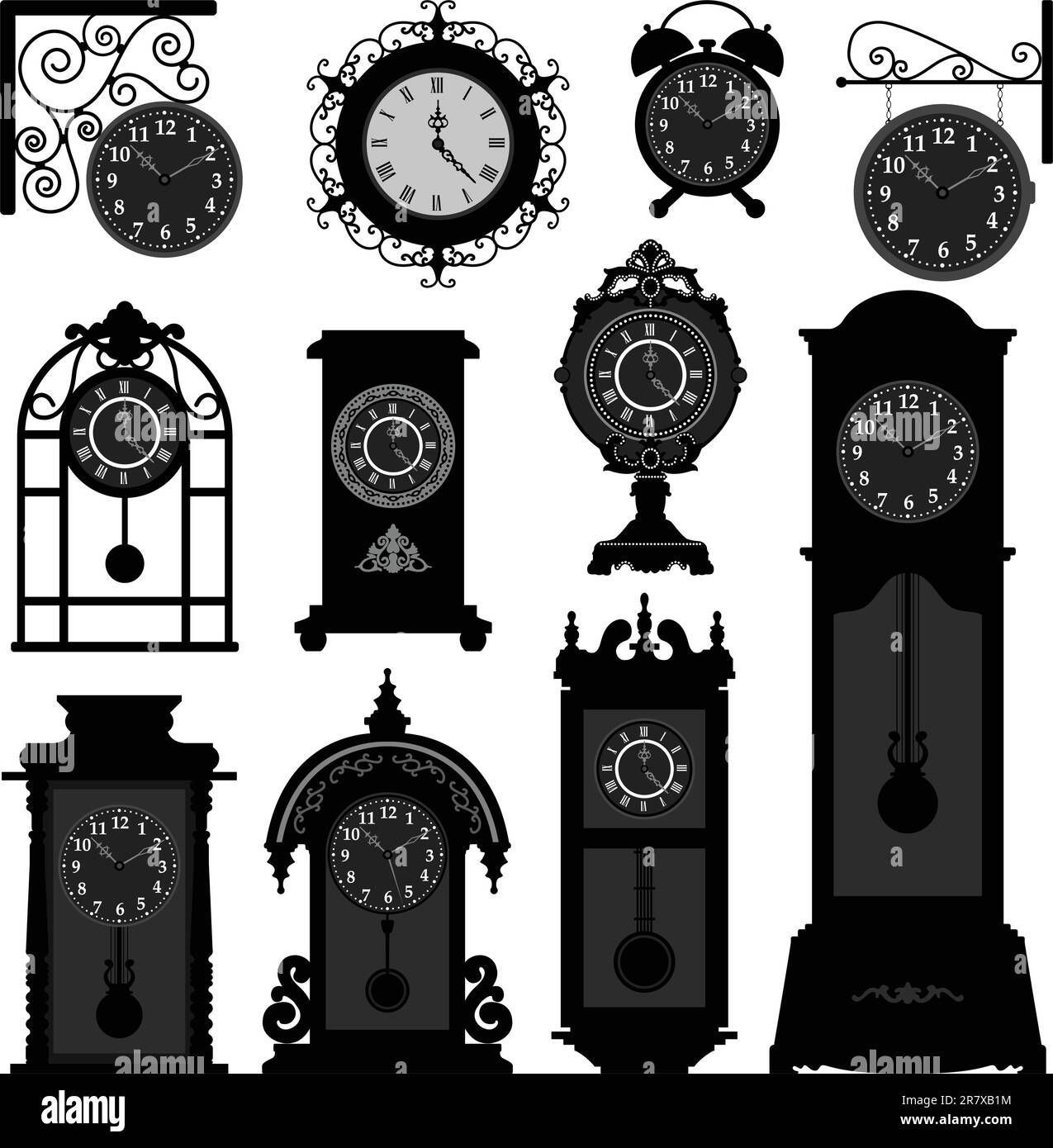 A set of antique old clocks design in detail. Stock Vector