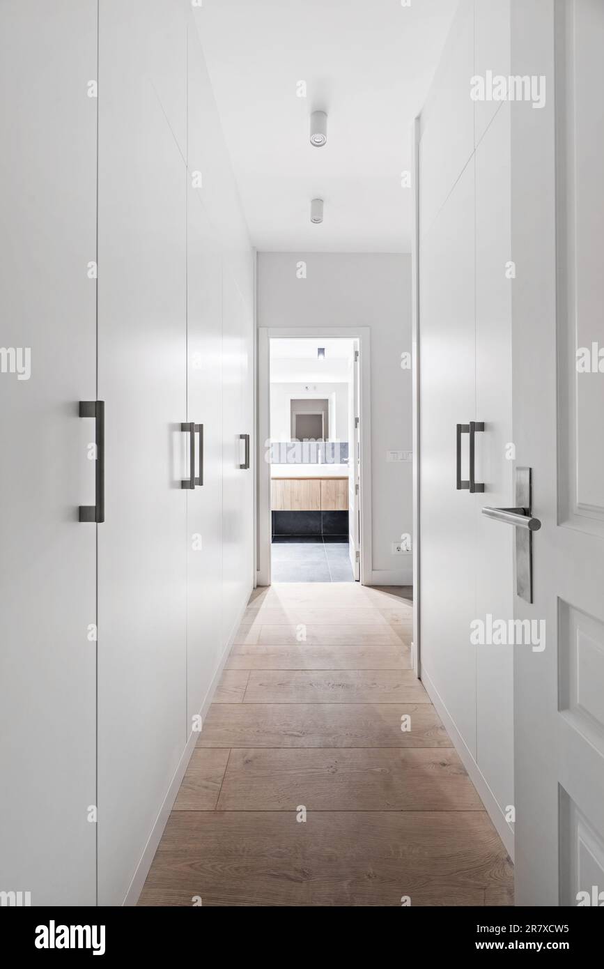 Hallway walk-in closet with white wood cabinets with metal pulls, designer pendant lighting, hardwood floors, and access to an en-suite bathroom Stock Photo