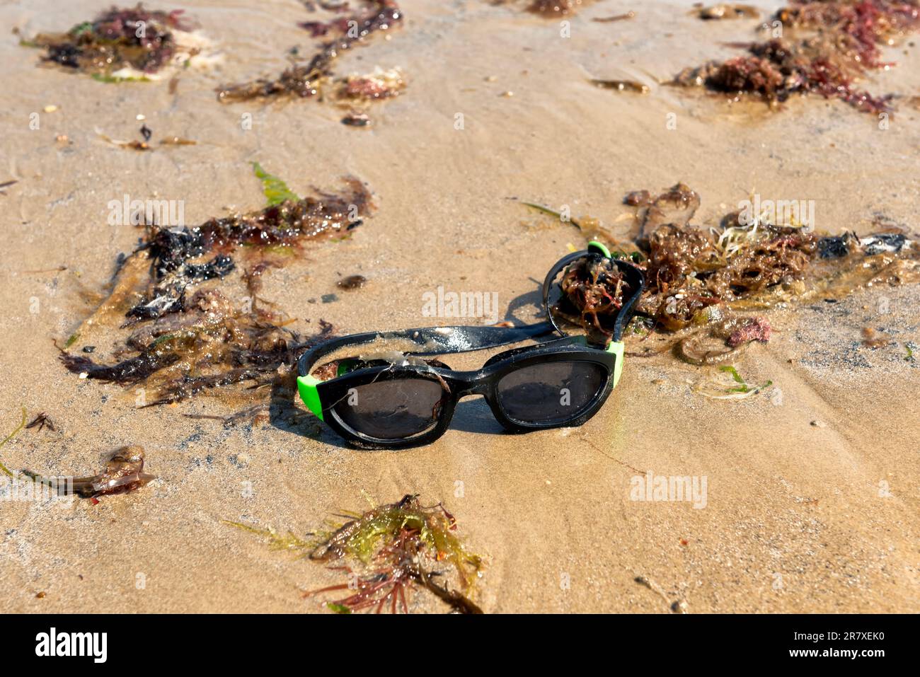 Swimming goggles on the beach Stock Photo