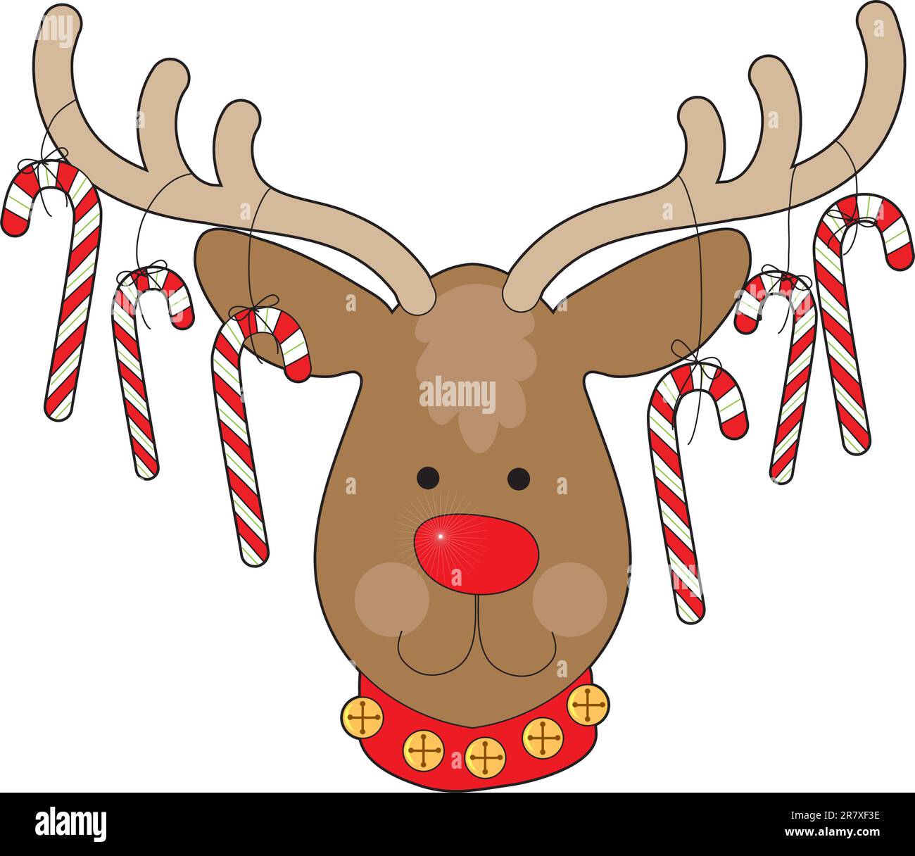 A smiling reindeer with a red nose and a red collar, has candy canes hanging from his antlers. Stock Vector