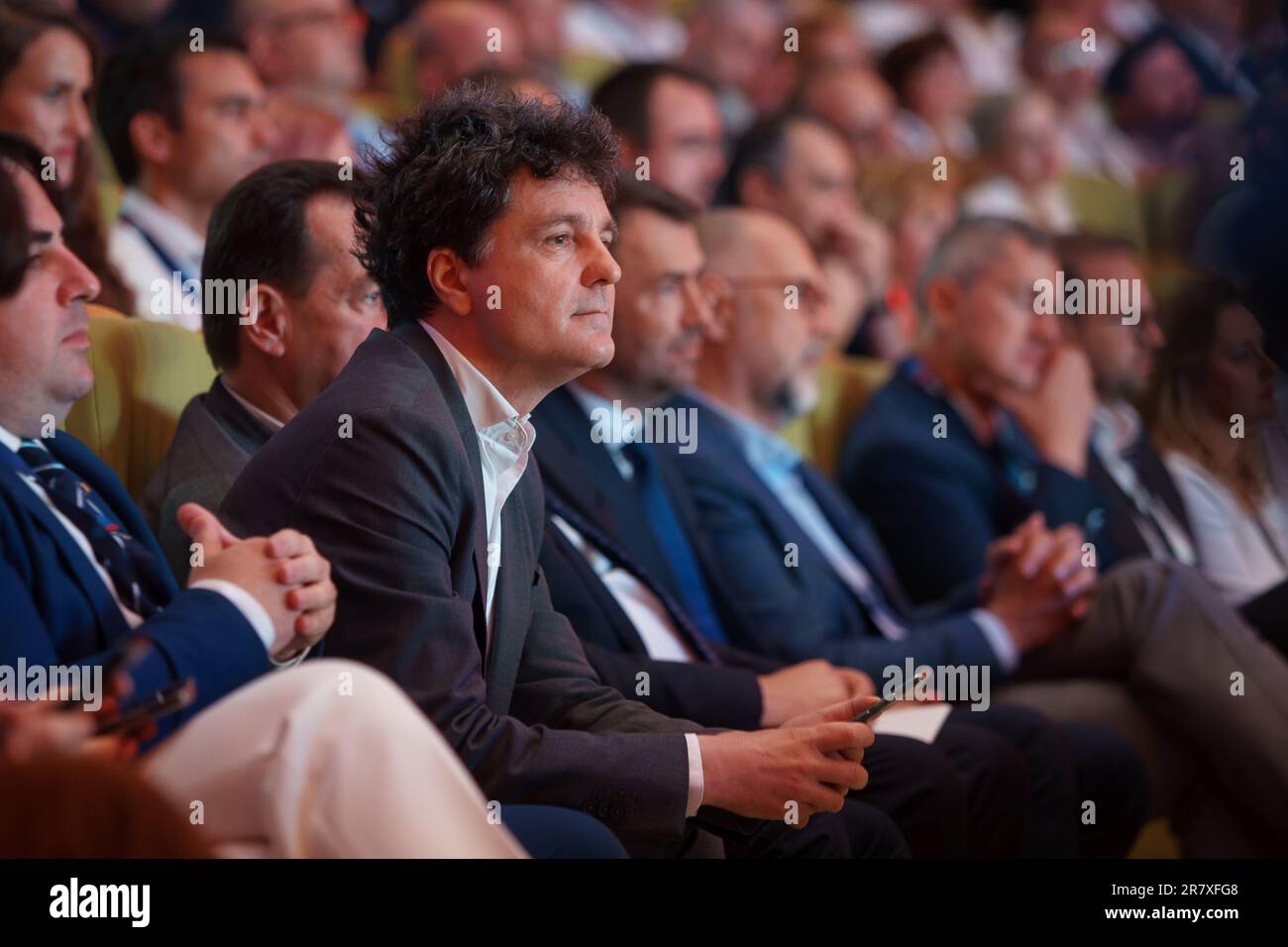 Bucharest, Romania. 17th June, 2023: Mayor of Bucharest, Nicusor Dan, the founder of USR, attends the Congress of the Save Romania Union (USR) party. Credit: Lucian Alecu/Alamy Live News Stock Photo