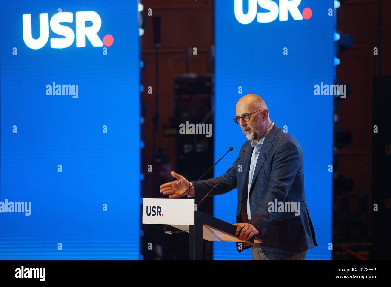 Bucharest, Romania. 17th June, 2023: Kelemen Hunor, the president of Democratic Alliance of Hungarians in Romania (UDMR), delivers a speech at the Congress of the Save Romania Union (USR) party. Credit: Lucian Alecu/Alamy Live News Stock Photo