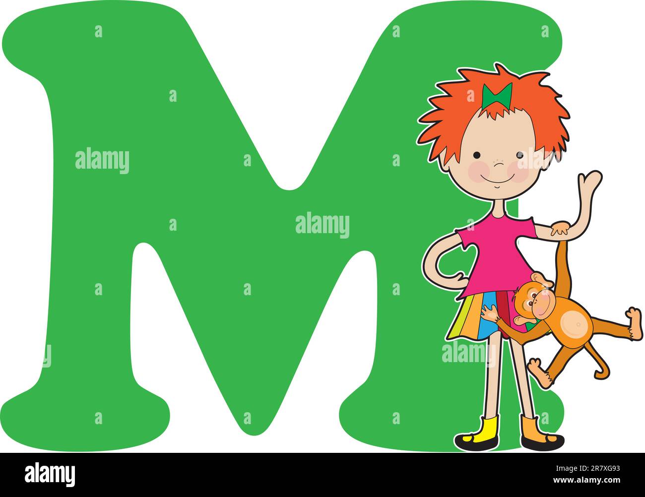 A young girl holding a monkey to stand for the letter M Stock Vector ...