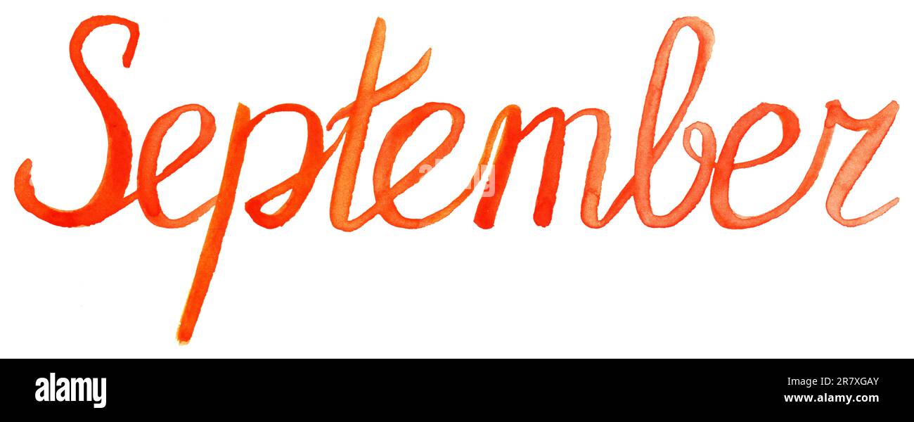 Watercolor september month orange red lettering typographic word isolated. Stock Photo