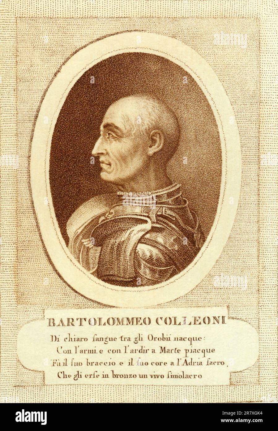 1450 ca , Bergamo , ITALY : The italian Condottiero BARTOLOMEO COLLEONI ( 1395 - 1475 ). Engraved portrait by unknown artist from XVIII Century  . -HISTORY - FOTO STORICHE - CONDOTTIERO - PORTRAIT - RITRATTO - ITALIA - Capitano di Ventura - Generale - ritratto - incisione - illustrazione - illustration - profilo - profile - RINASCIMENTO - RENAISSANCE - armatura - armure  ---  Archivio GBB Stock Photo