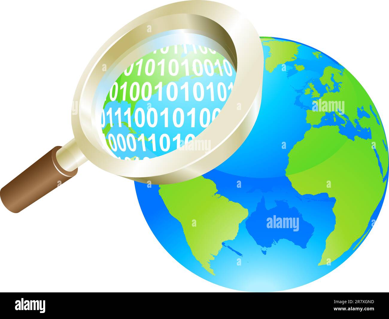Conceptual illustration of magnifying glass binary data world globe