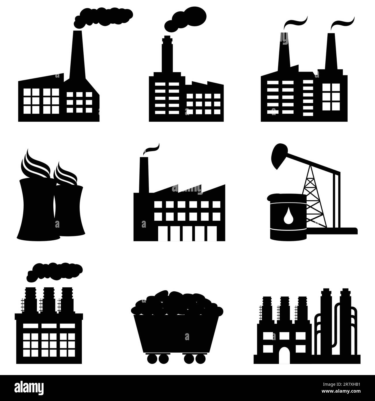 Factory, oil drilling, nuclear power plant and energy icons Stock Vector