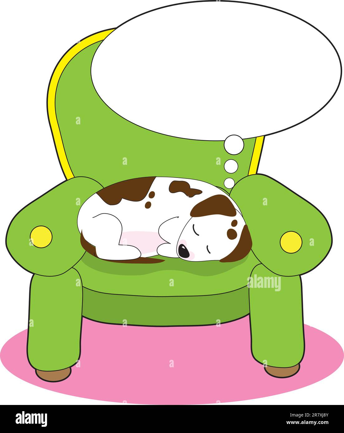A contented dog is having a dream, while asleep on a green easy chair. Stock Vector