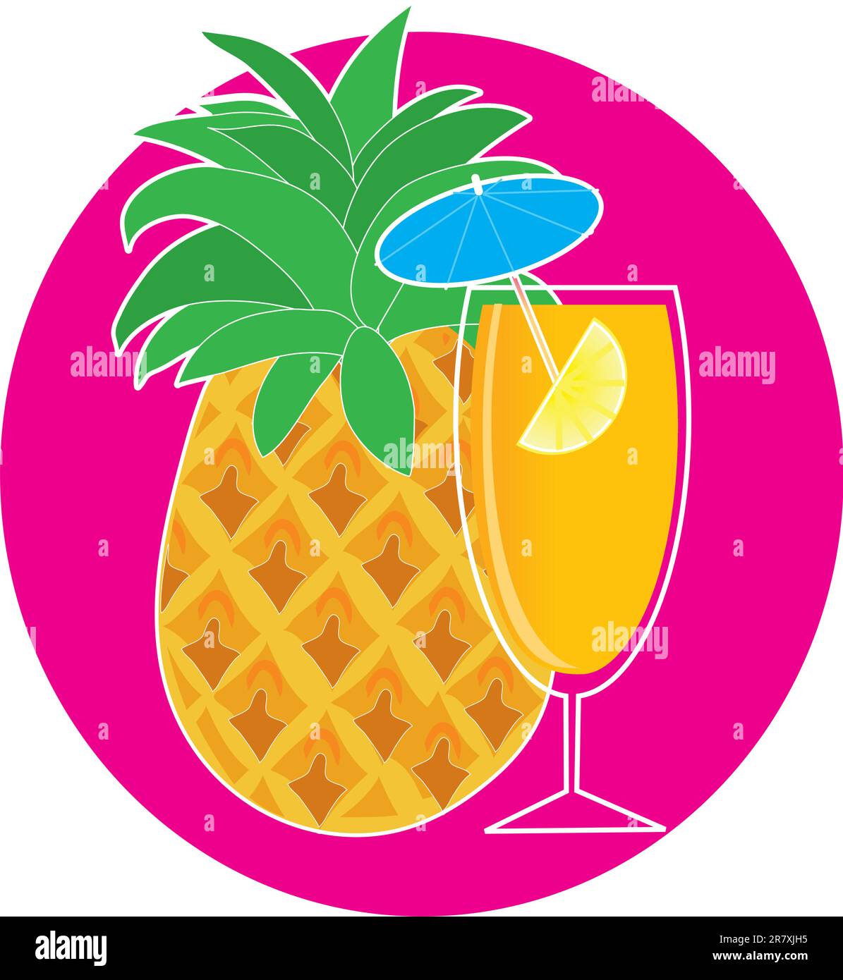 A pineapple with a green top, is on a cyan background. In the foreground, there is a pineapple cocktail in a tall stemmed glass, with a lemon wedge... Stock Vector