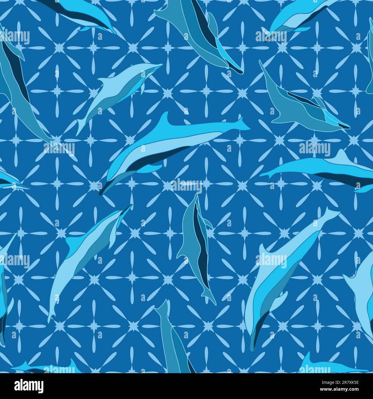 Dolphin Seamless Pattern, Marine Sea Creature. Clymene dolphin vector illustration. Perfect for Textile, Wallpaper, Packaging and fashion print. Stock Vector