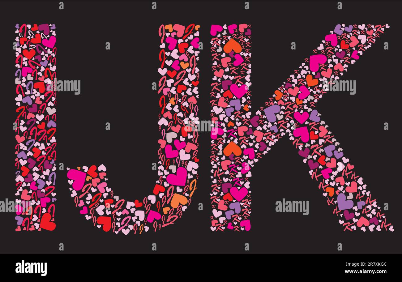 Letter I, J, K. Valentine alphabet set with heart. Vector font. Stock Vector