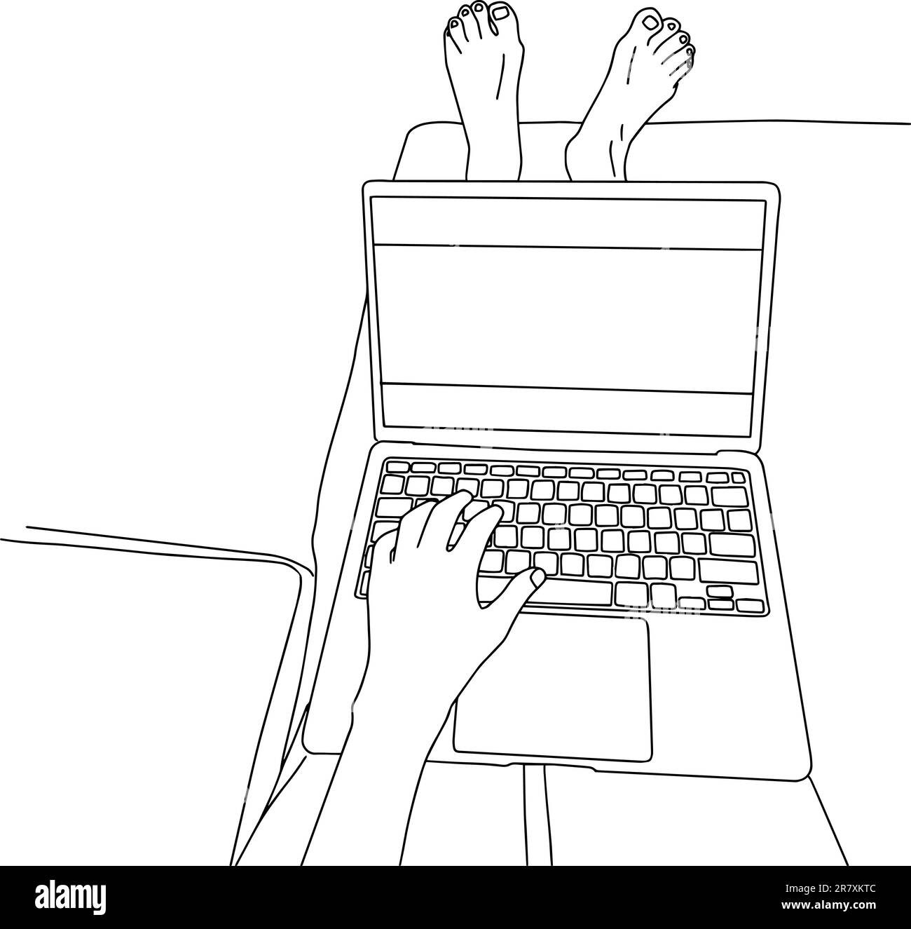 Outline sketch of laptop on lap with hand on keyboard and feet laying on coach Stock Vector