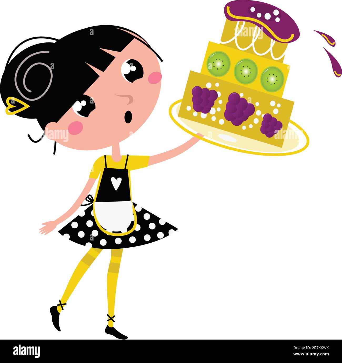Cute retro girl holding Cake. Vector cartoon illustration Stock Vector