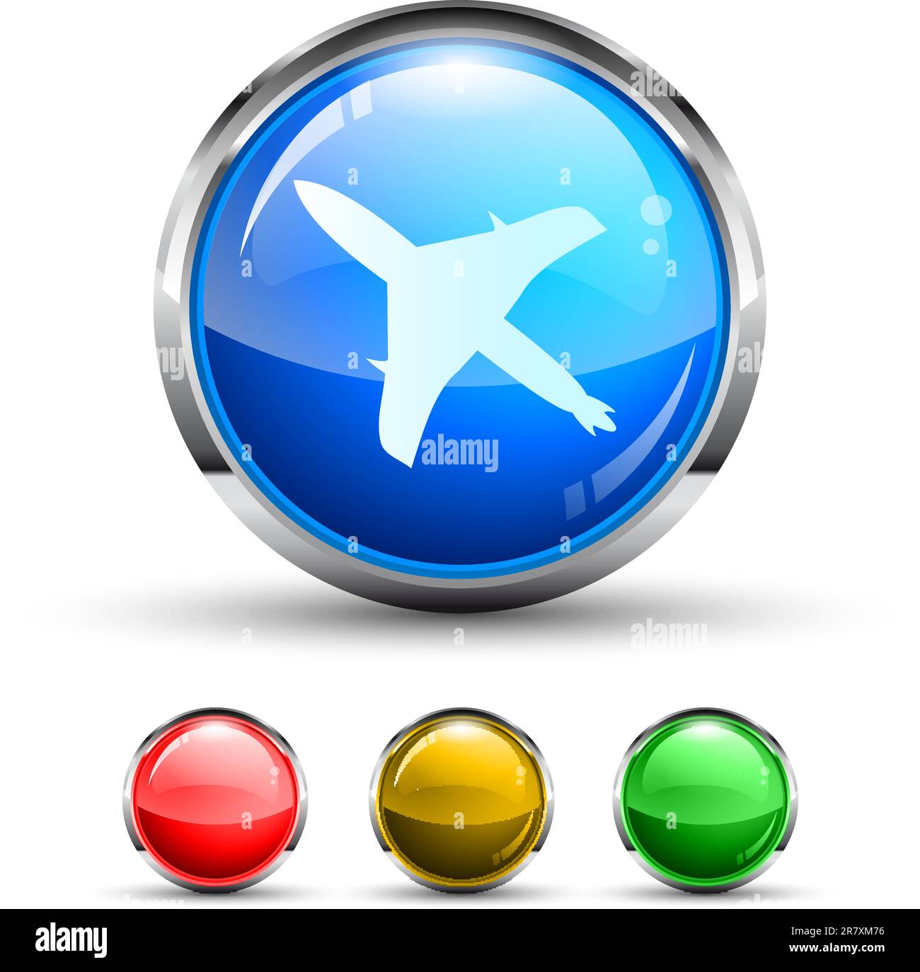 Airplane Cristal Glossy Button with light reflection and Cromed ring. 4 Colours included. Stock Vector
