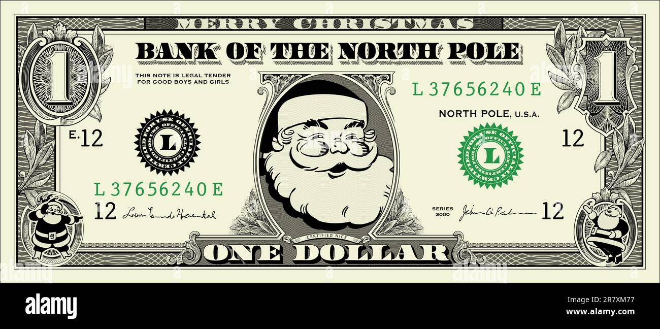 Vector Santa One Dollar Bill. All pieces are separate and easy to edit
