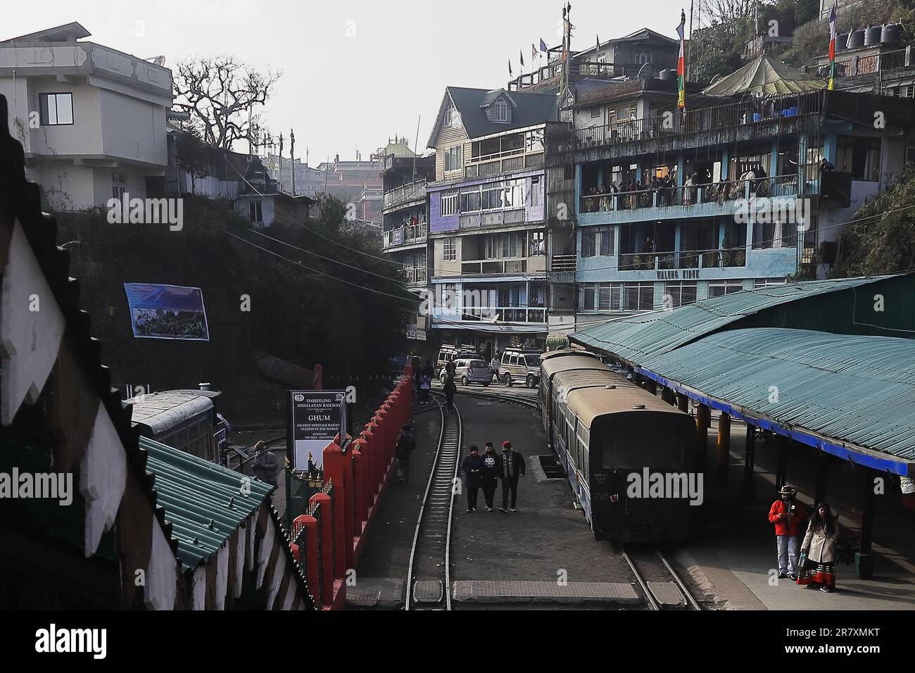 Darjeeling, West Bengal, India - 14th March 2022: UNESCO world heritage Darjeeling Himalayan Railway and Ghum station, highest railstation of India Stock Photo