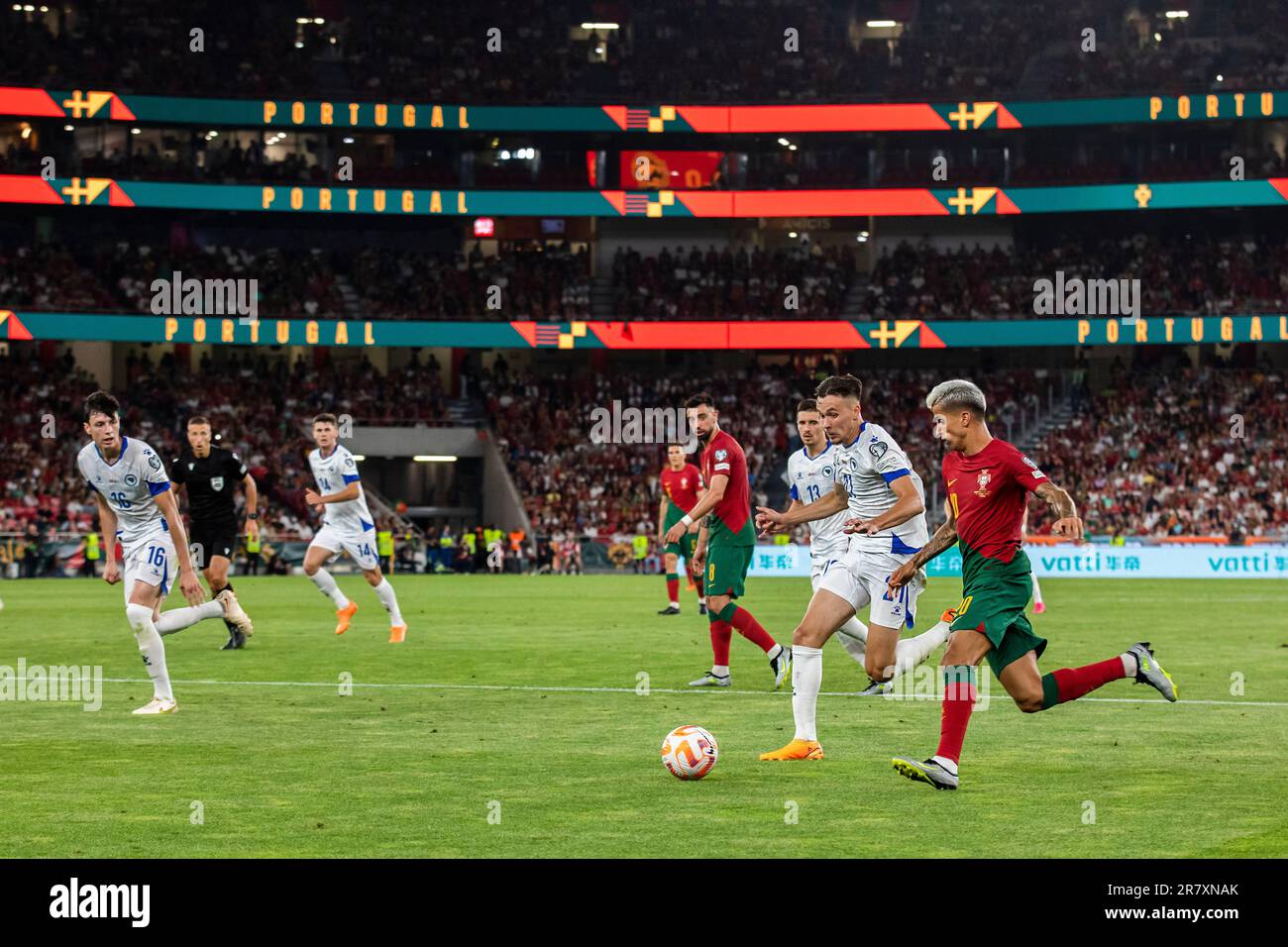 Lisbon, Portugal. 17th June, 2023. Joao Cancelo (R) of Portugal in action during the Euro 2024 qualifying match between Portugal and Bosnia Herzegovina at Estadio da Luz Stadium. Final score; Portugal 3:0 Bosnia Herzegovina. (Photo by Hugo Amaral/SOPA Images/Sipa USA) Credit: Sipa USA/Alamy Live News Stock Photo