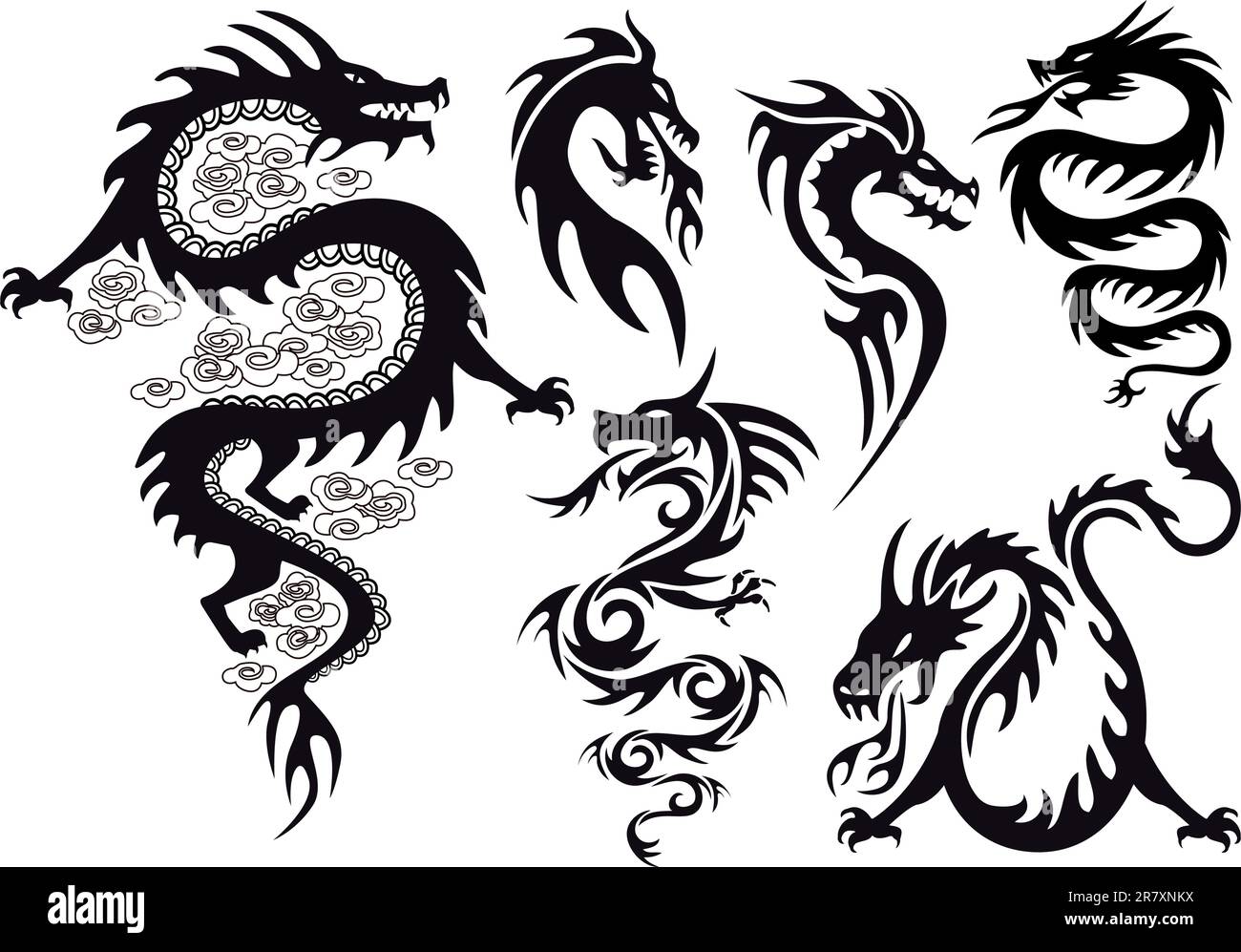 dragons tattoos with flames, vector set Stock Vector