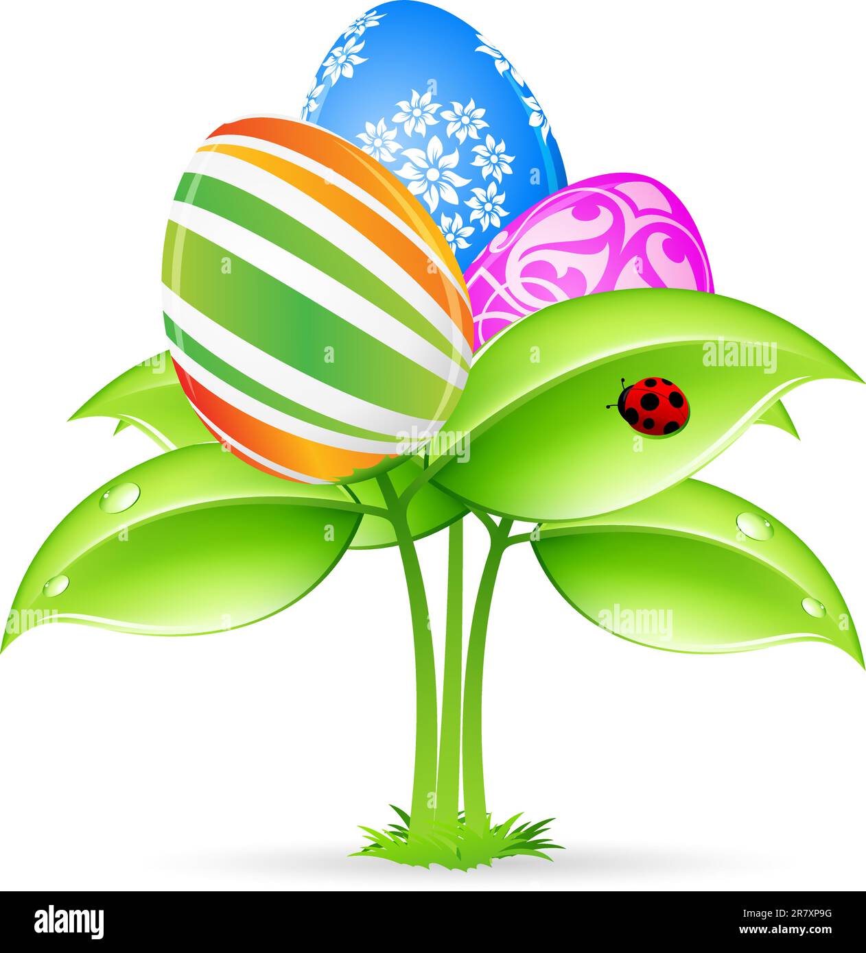Easter eggsflowers with ladybug isolated on white background Stock