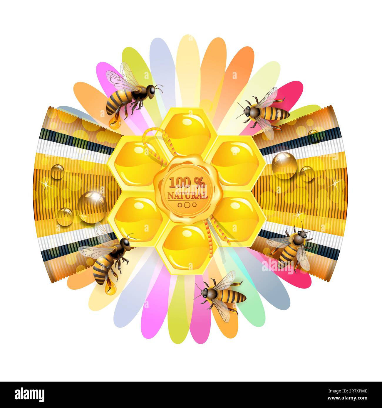 Bees and honeycomb over floral background Stock Vector