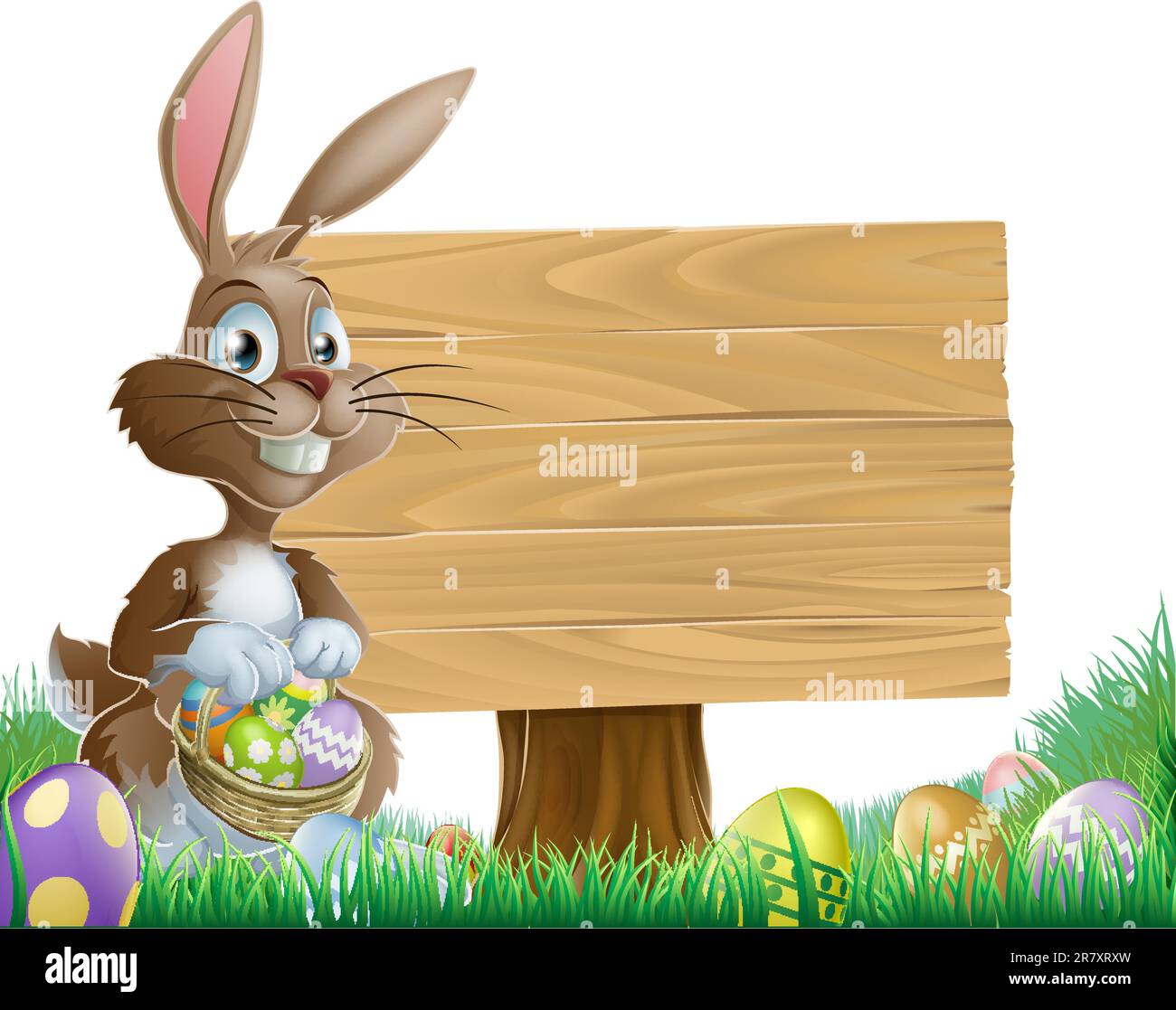 The Easter bunny holding a basket of Easter eggs with more Easter eggs around him by a wood sign board Stock Vector