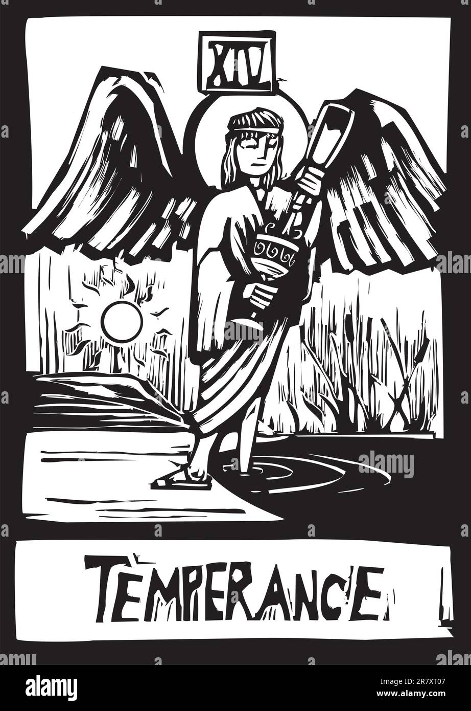 Woodcut style Tarot card for the image of Temperance Stock Vector