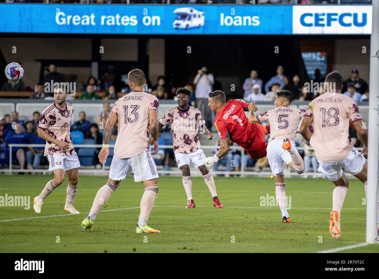 Portland Timbers goalkeeper David Bingham (1) dives to save a shot by