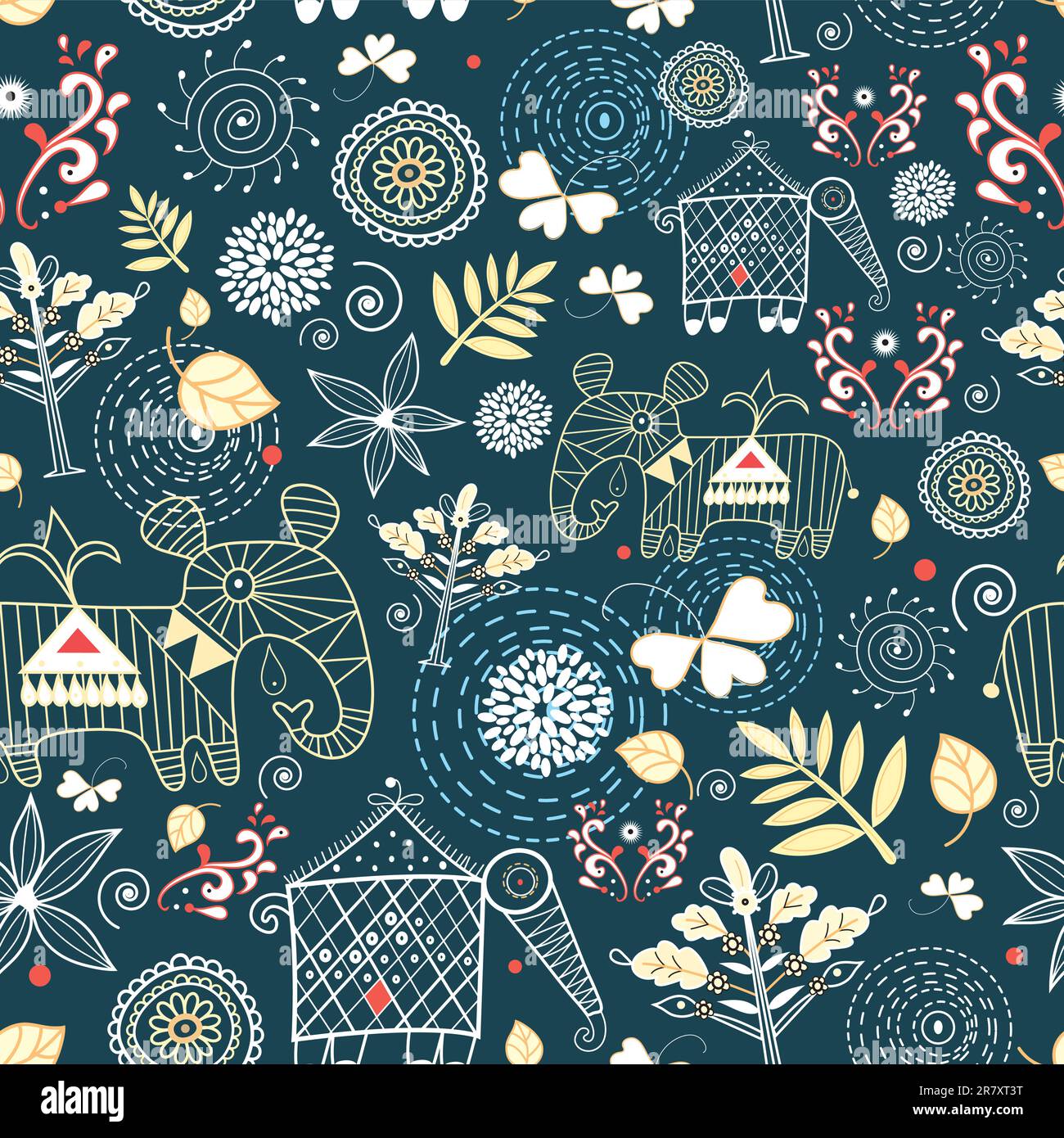 seamless graphic floral pattern with elephants on a dark blue ...