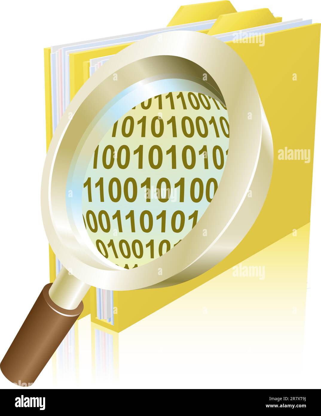 Conceptual illustration of magnifying glass searching binary data file folder Stock Vector