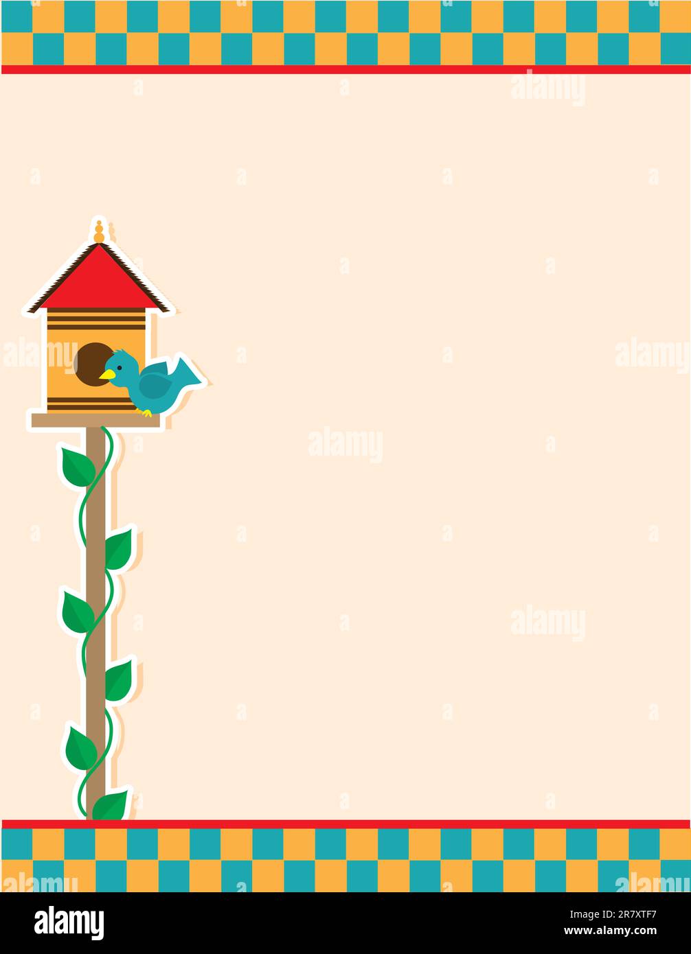 A background of a birdhouse and blue colored bird, atop a vine covered pole; includes a checkered header and footer. Stock Vector