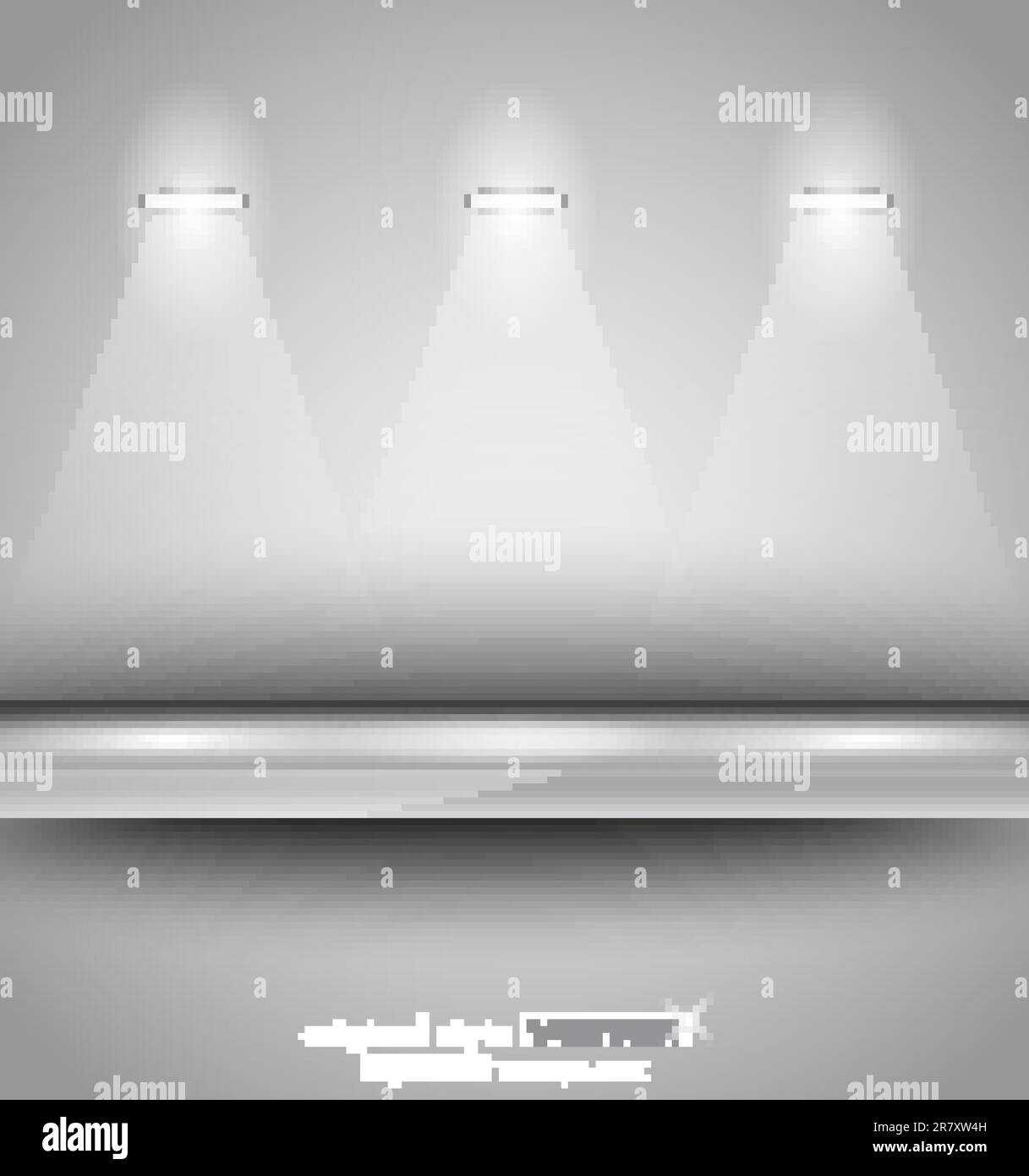 Shelf with LED spotlights with delicate look on a grey gradeientwallpaper. Shadows are