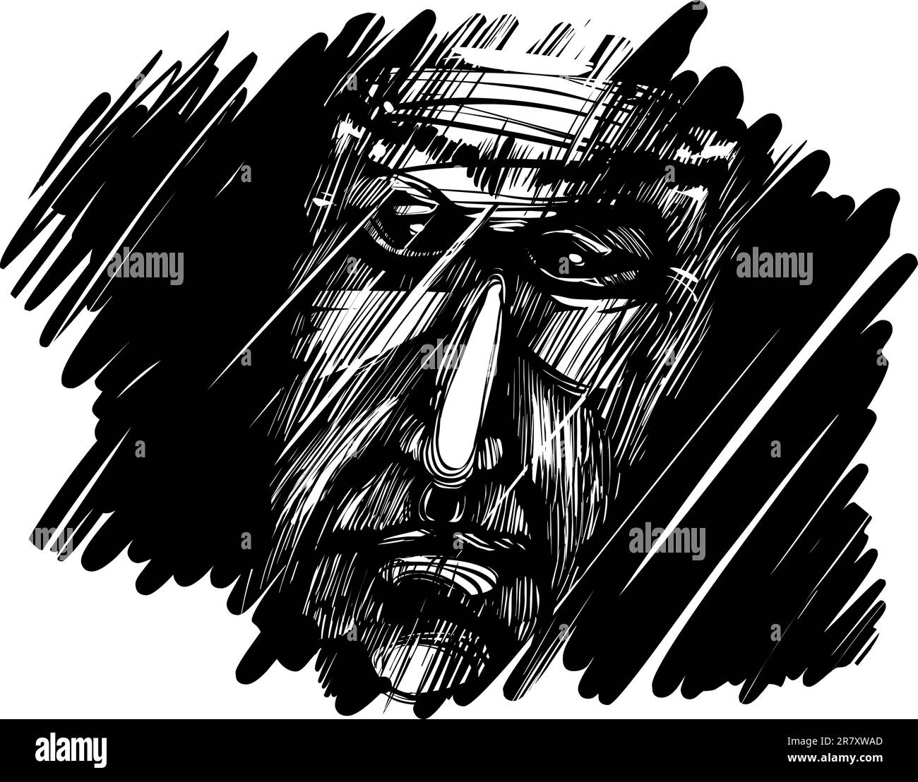 sketch drawing illustration of old man's face in the dark Stock Vector