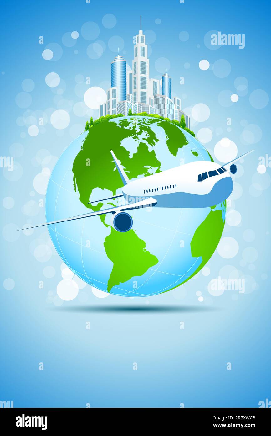 Blue Business Background with Modern City Earth and Aircraft Stock ...