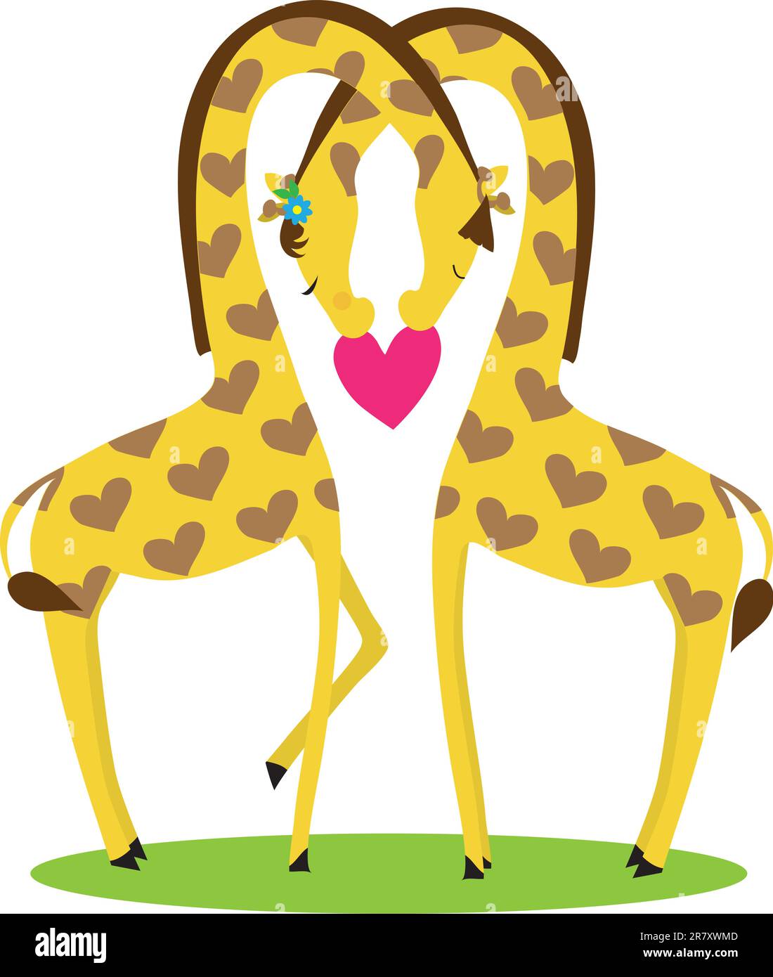 Two giraffes, male and female,  nestled together in the shape of a heart, above a red heart. Stock Vector