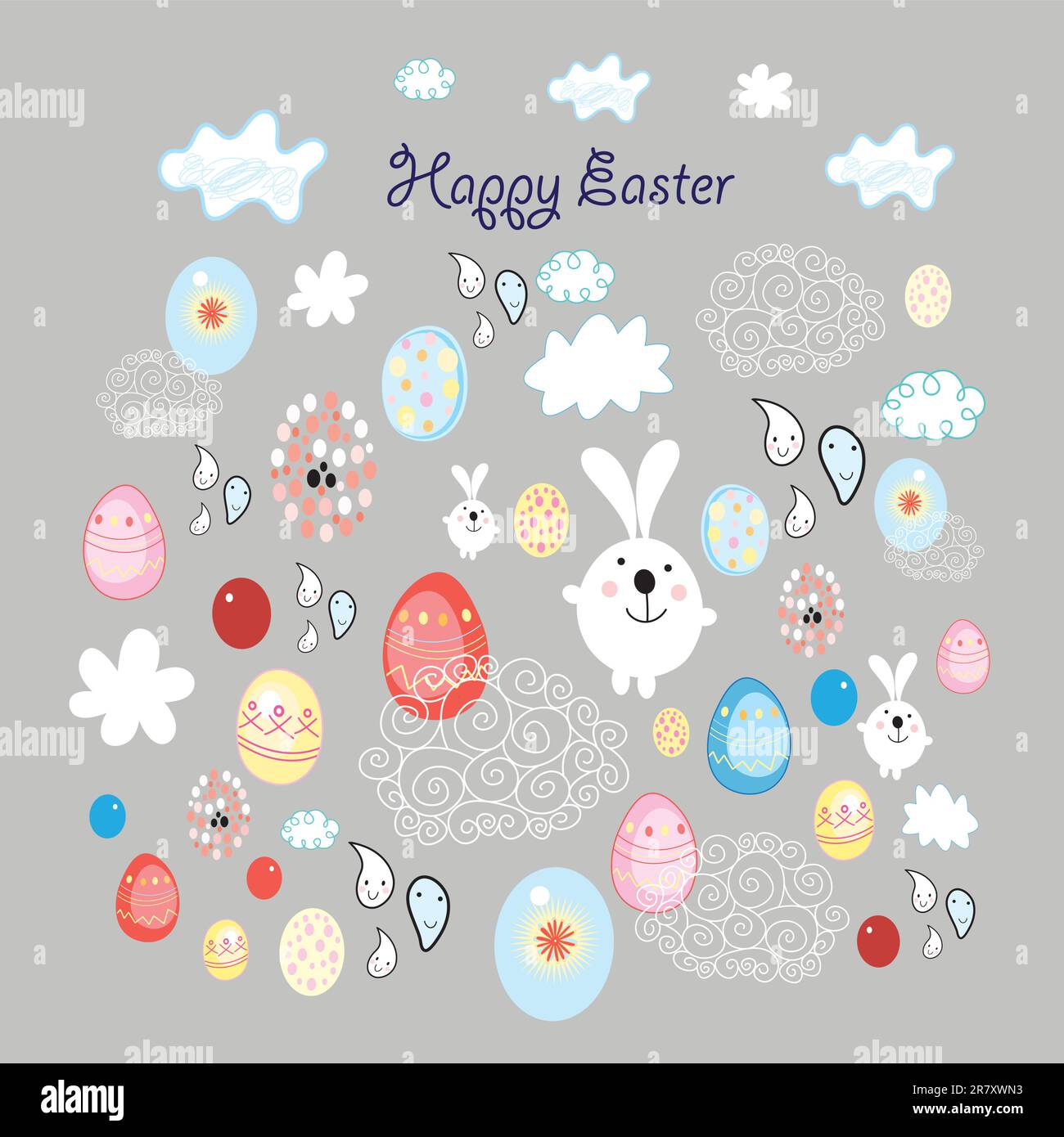 funny Easter card with colored eggs and rabbits on a brown background with clouds Stock Vector